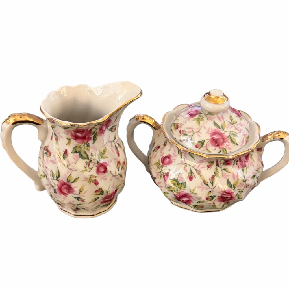 Lefton Rose chintz chia hand painted sugar and creamer with original sticker.